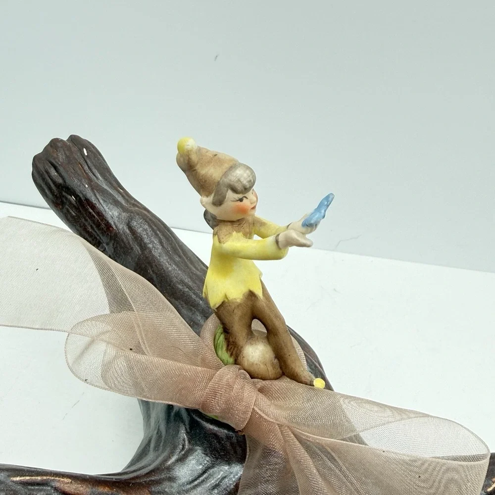 Vtg 50s Ceramic Girl Garden Pixie Elf On Log w/ Butterfly Kitschy Mid Century